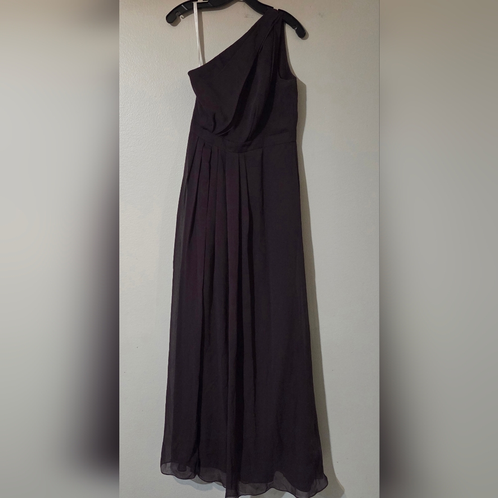 David's Bridal Women's Sz 10 Long Maxi One-Shoulder Chiffon Brown Truffle Dress